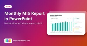 Monthly MIS report PowerPoint slide showing revenue against target